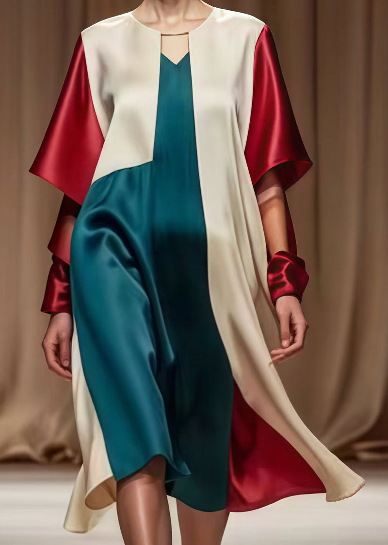 Colorblock Asymmetrical Patchwork Silk Tea Dress Spring