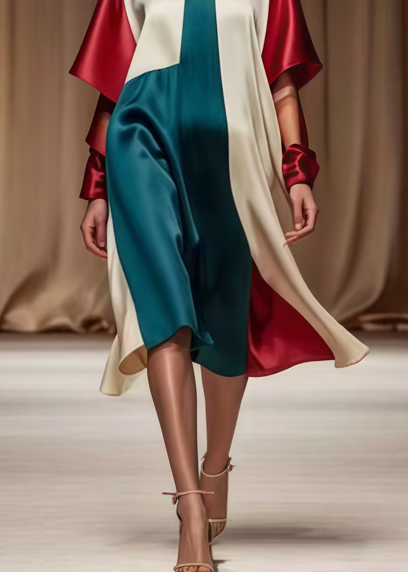 Colorblock Asymmetrical Patchwork Silk Tea Dress Spring
