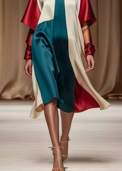 Colorblock Asymmetrical Patchwork Silk Tea Dress Spring