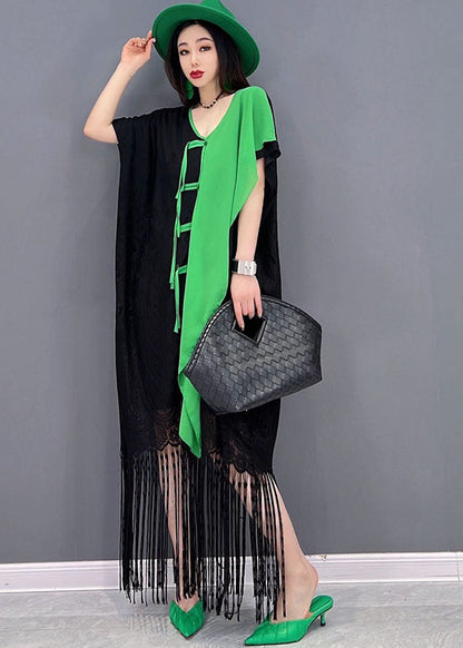 Colorblock Asymmetrical Patchwork Tassel Lace Vacation Dress Short Sleeve