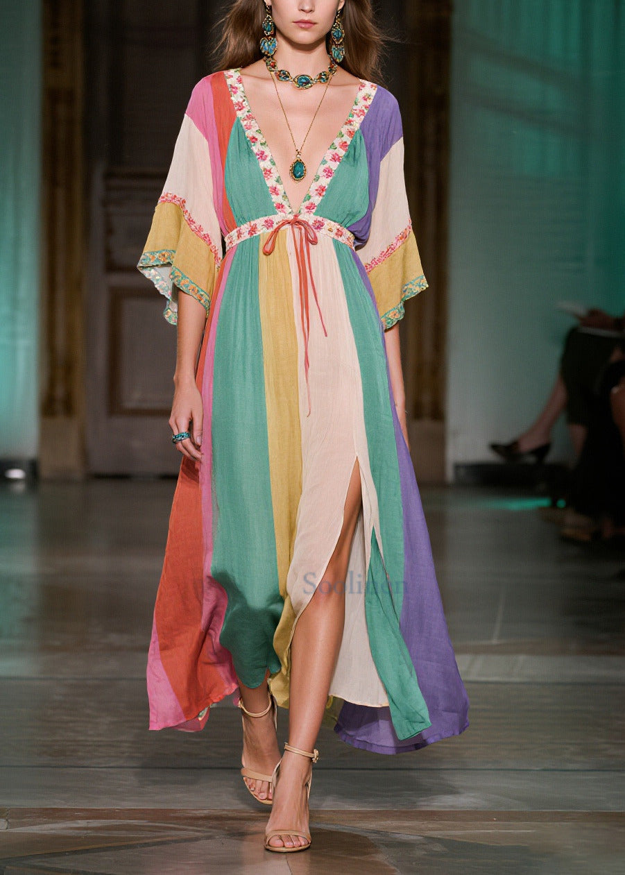 Colorblock Deep-v Neck Side Open Cotton Long Dress Summer