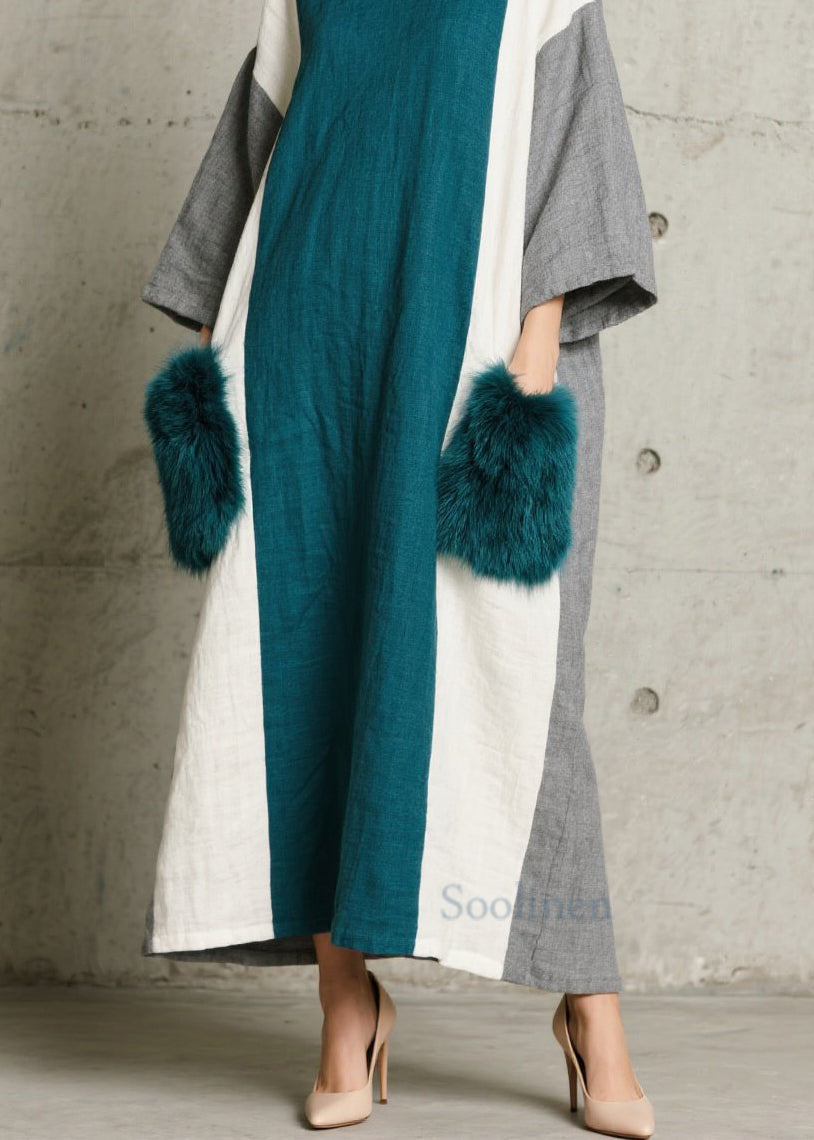 Colorblock O Neck Fuzzy Fur Patchwork Cotton Dress Fall