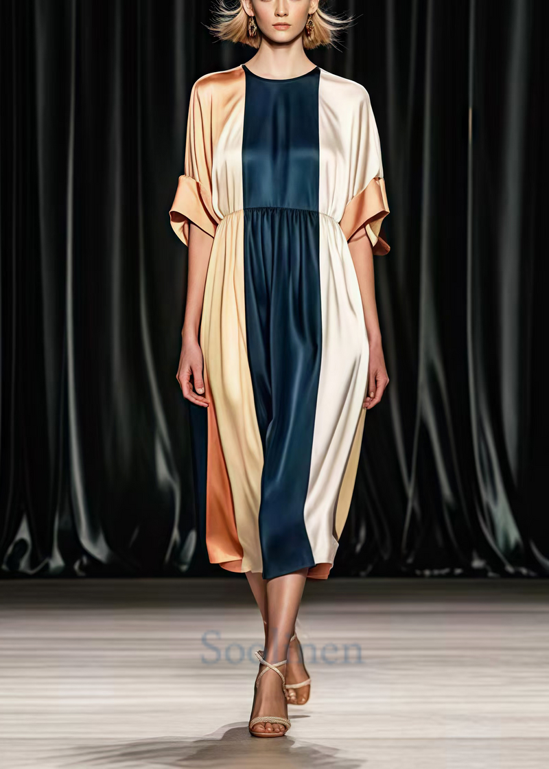 Colorblock O-neck Patchwork Draping Silk Tea Dresses Summer