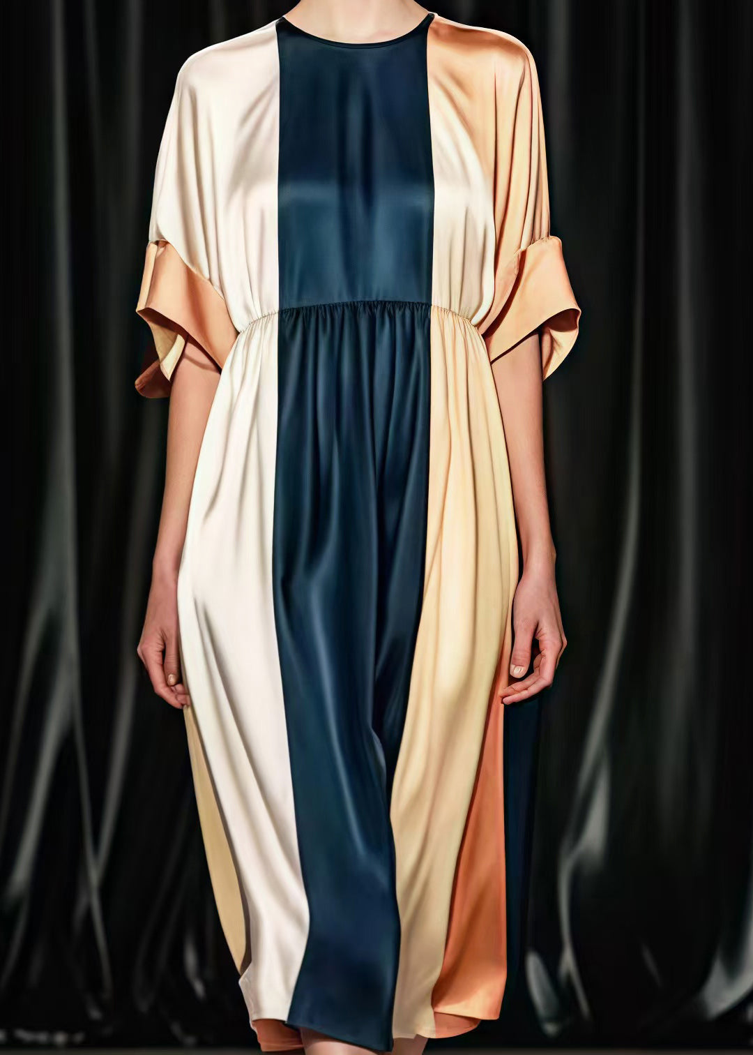 Colorblock O-neck Patchwork Draping Silk Tea Dresses Summer