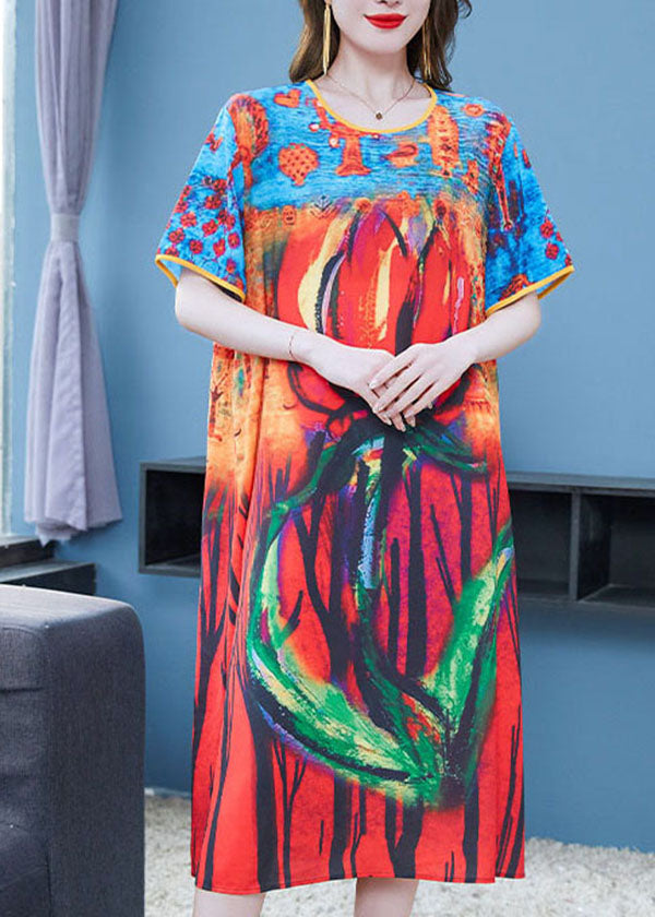 Colorblock O Neck Print Patchwork Chiffon Dresses Summer
