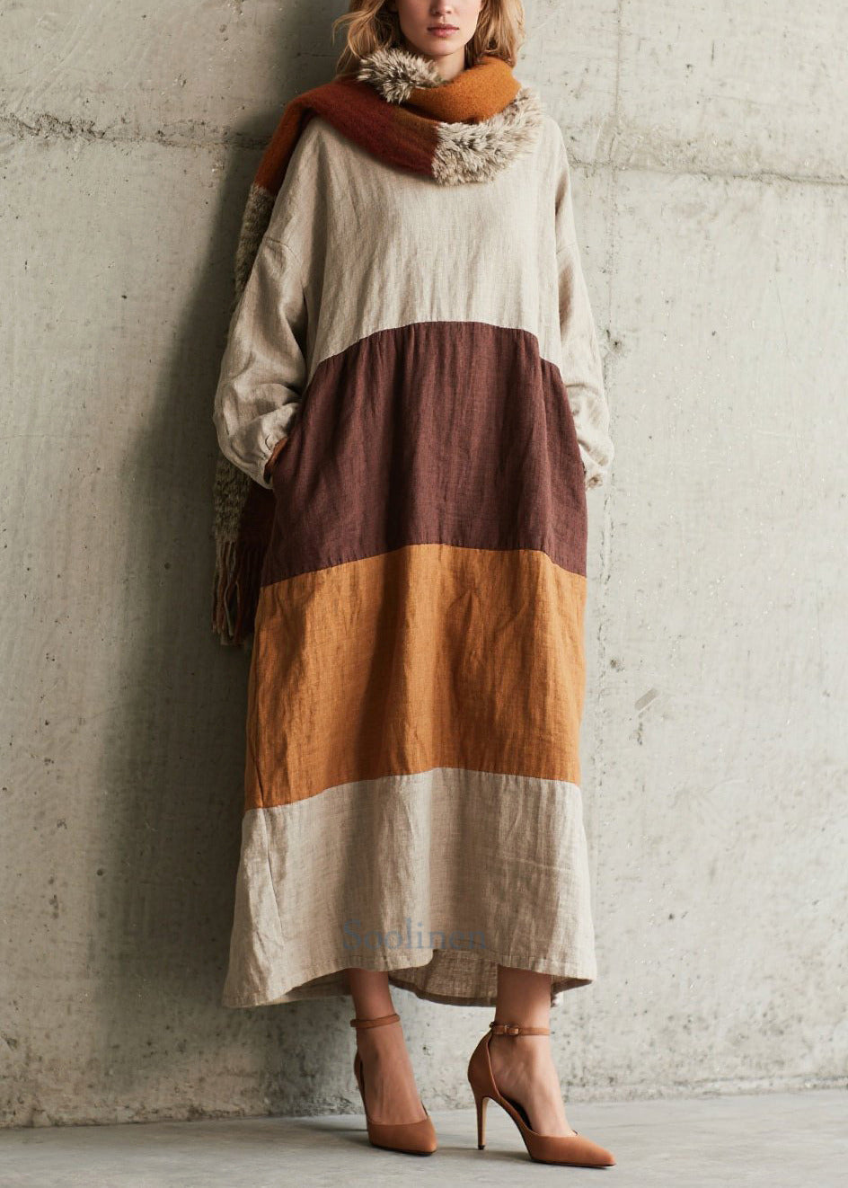 Colorblock Oversized Patchwork Cotton Dress Fall