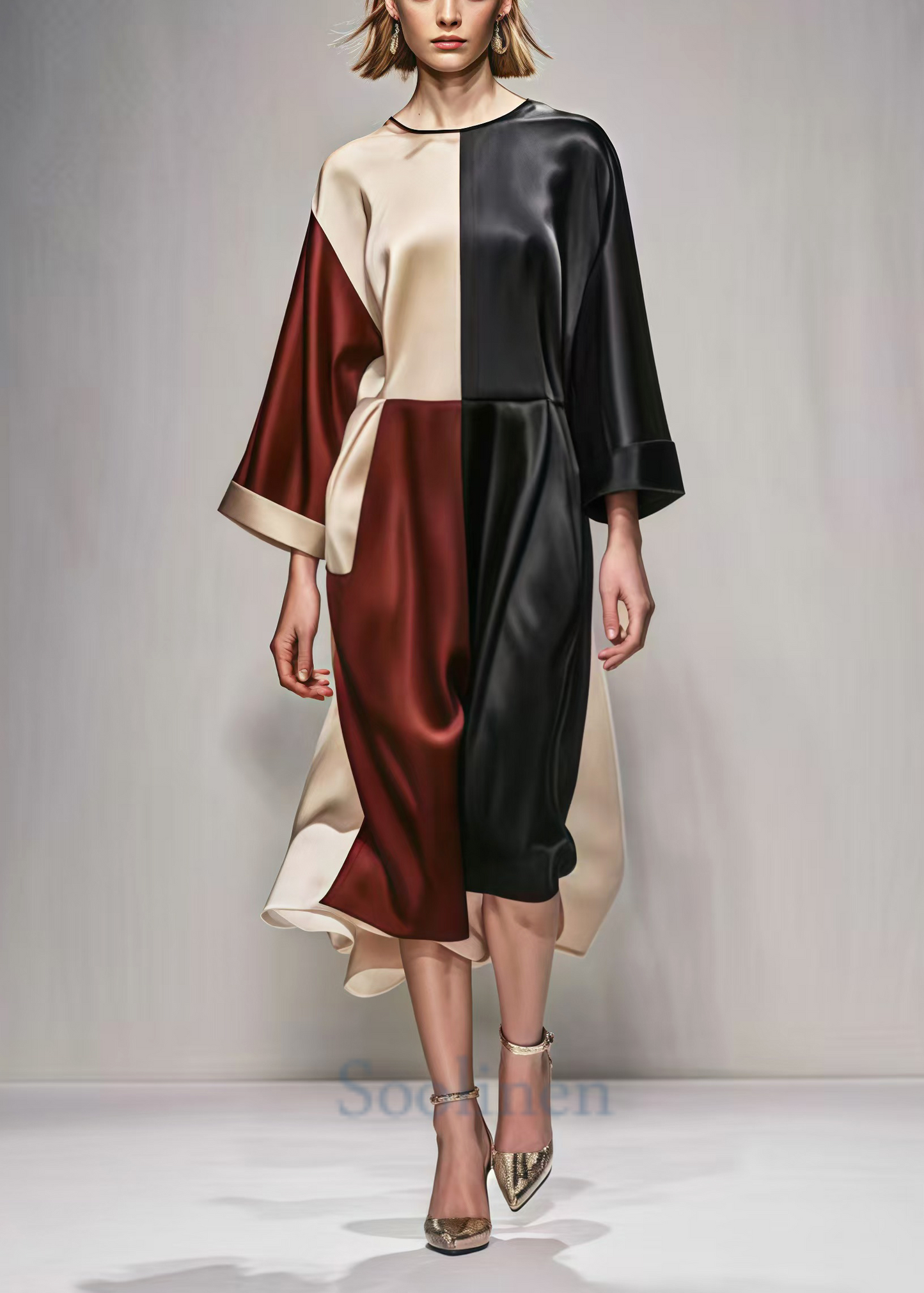 Colorblock Oversized Patchwork Silk Vacation Dresses Spring