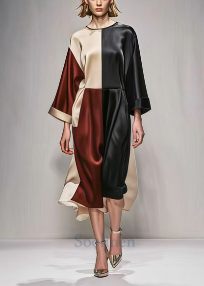 Colorblock Oversized Patchwork Silk Vacation Dresses Spring