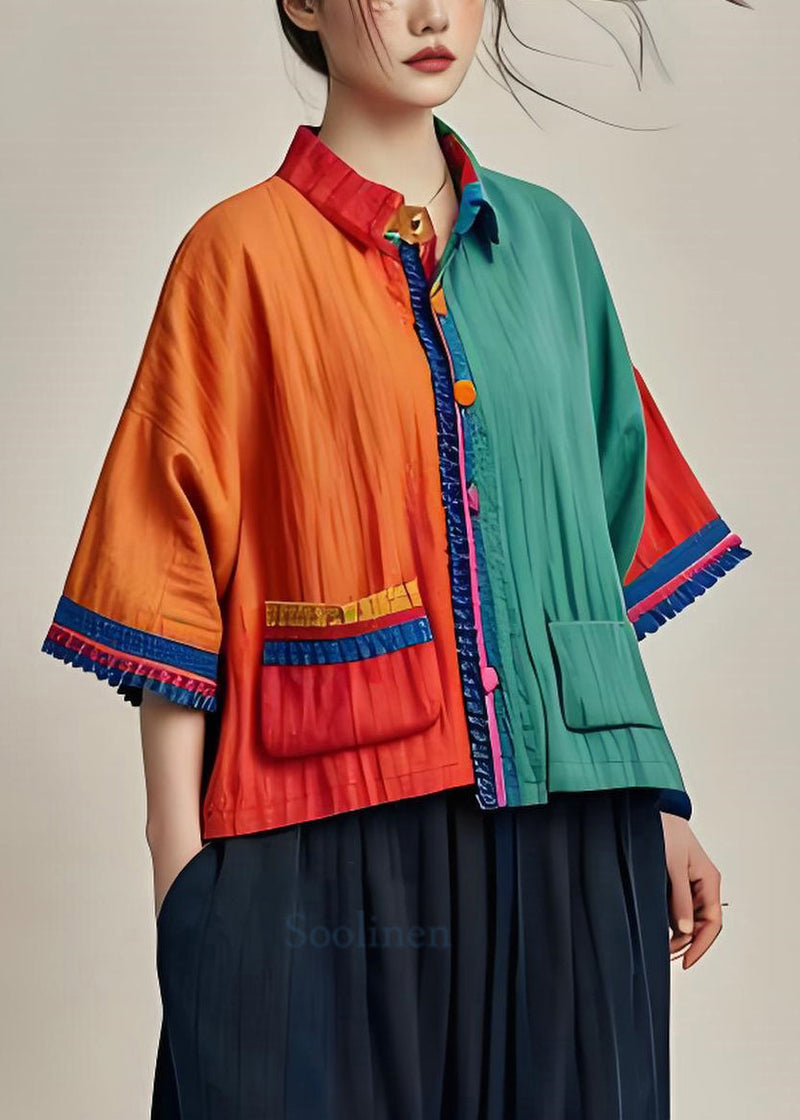 Colorblock Pockets Button Patchwork Cotton Tops Summer