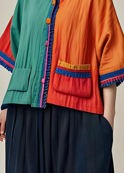 Colorblock Pockets Button Patchwork Cotton Tops Summer