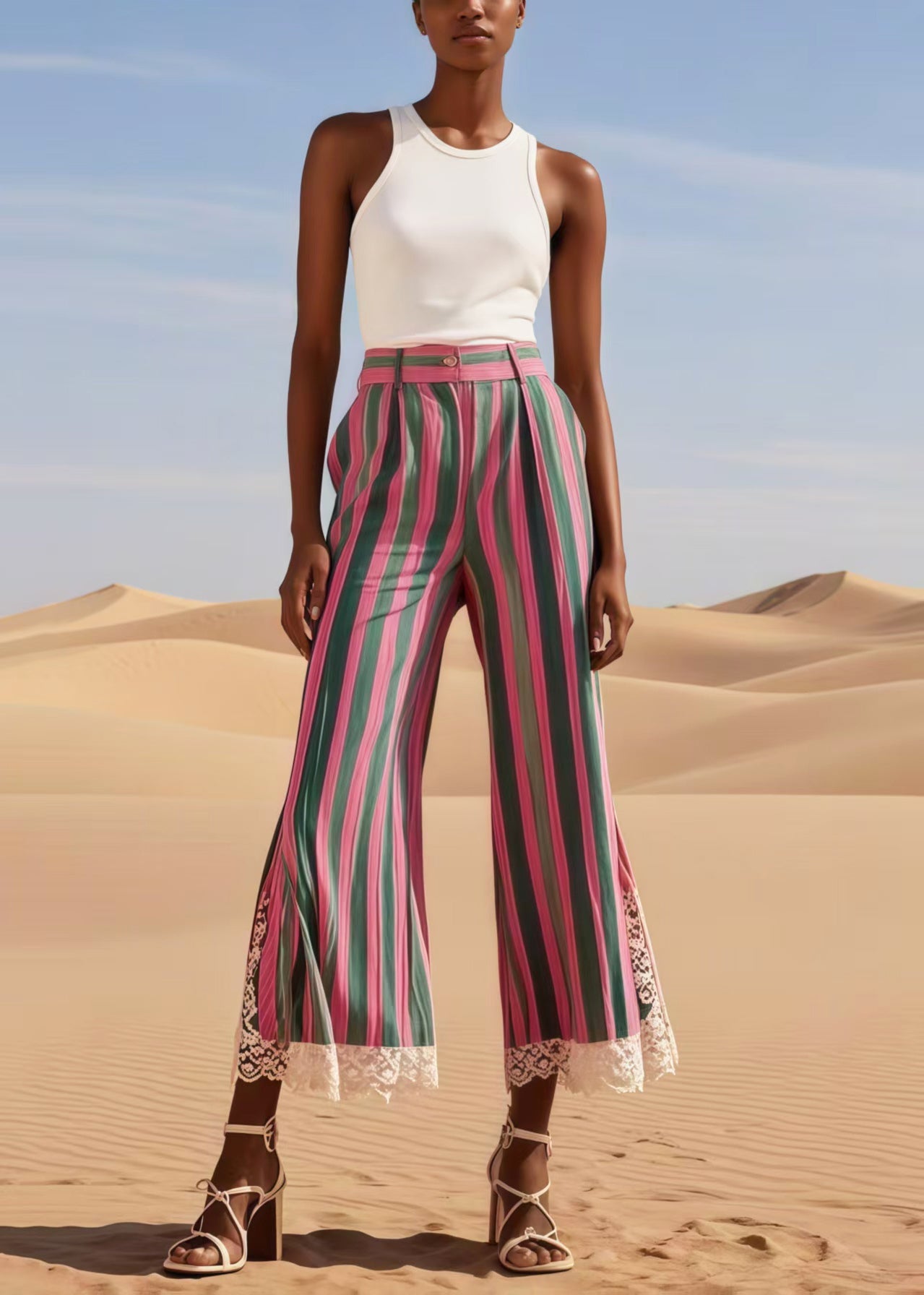 Colorblock Striped Patchwork Lace Bell-bottom Trousers Summer