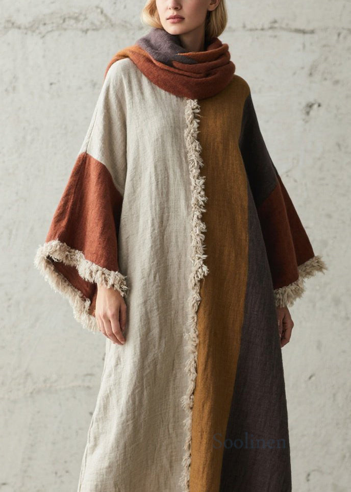 Colorblock Tassel Patchwork Cotton Dresses Fall