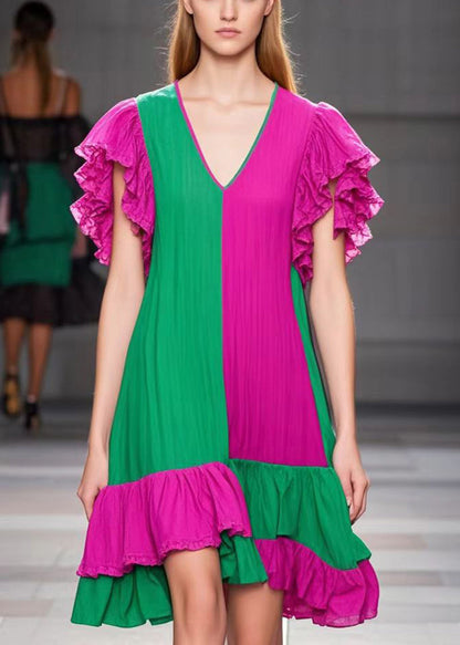 Colorblock V Neck Patchwork Cotton Tea Dress Butterfly Sleeve