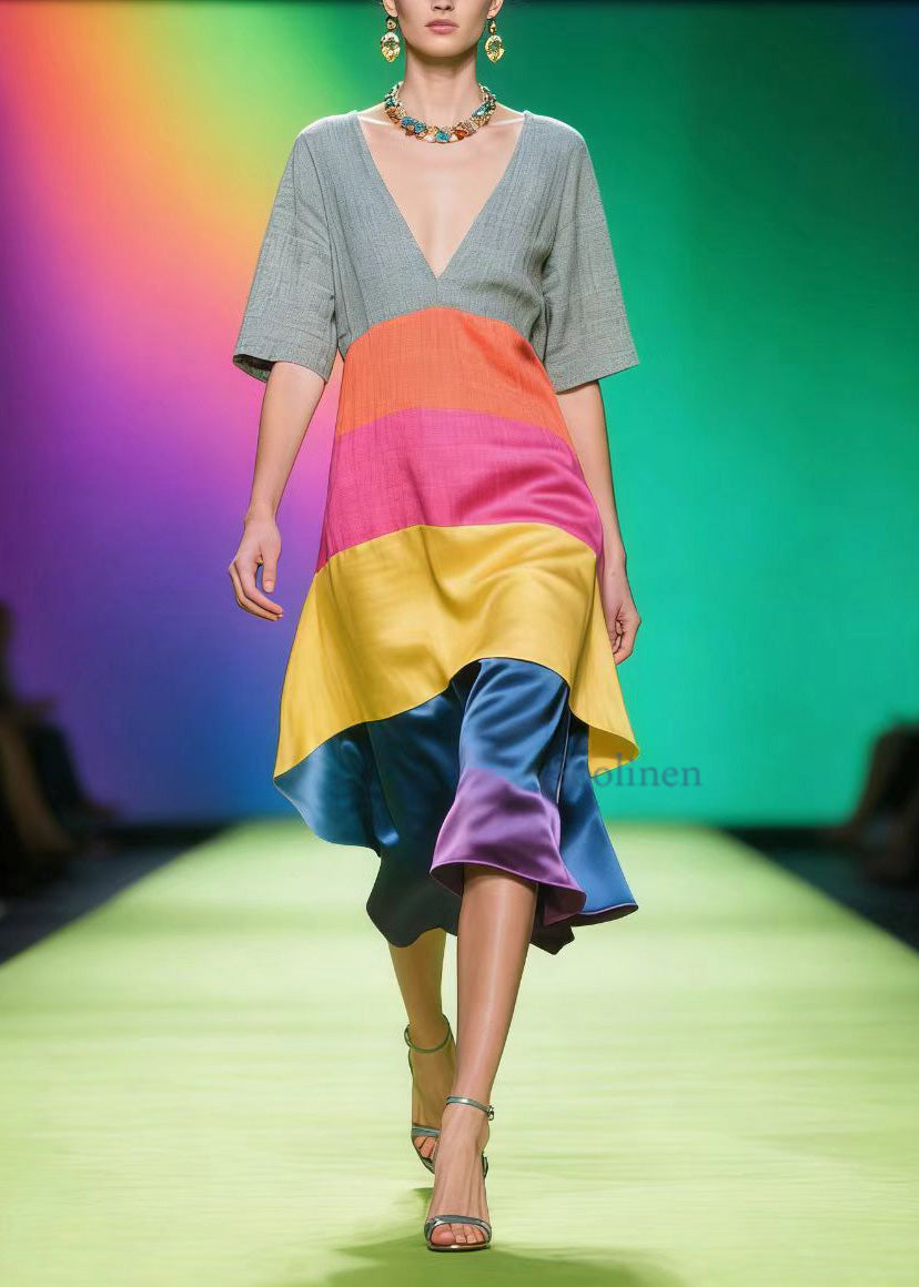 Colorblock V Neck Patchwork Linen Silk Dress Summer