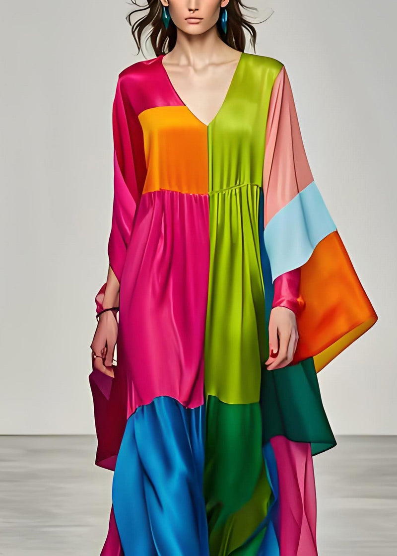 Colorblock V Neck Patchwork Silk Long Dress Summer