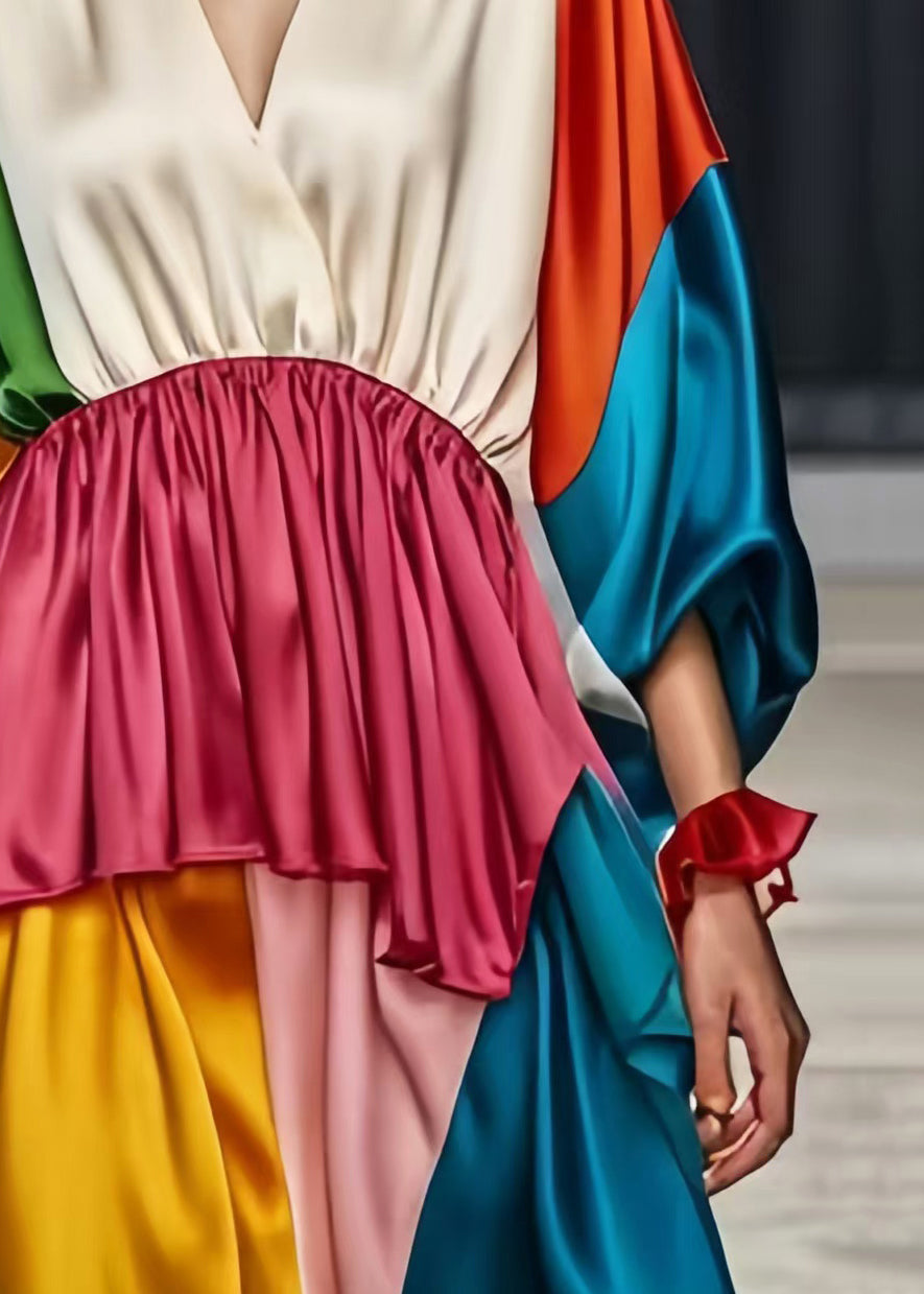 Colorblock V Neck Patchwork Silk Tea Dresses Spring