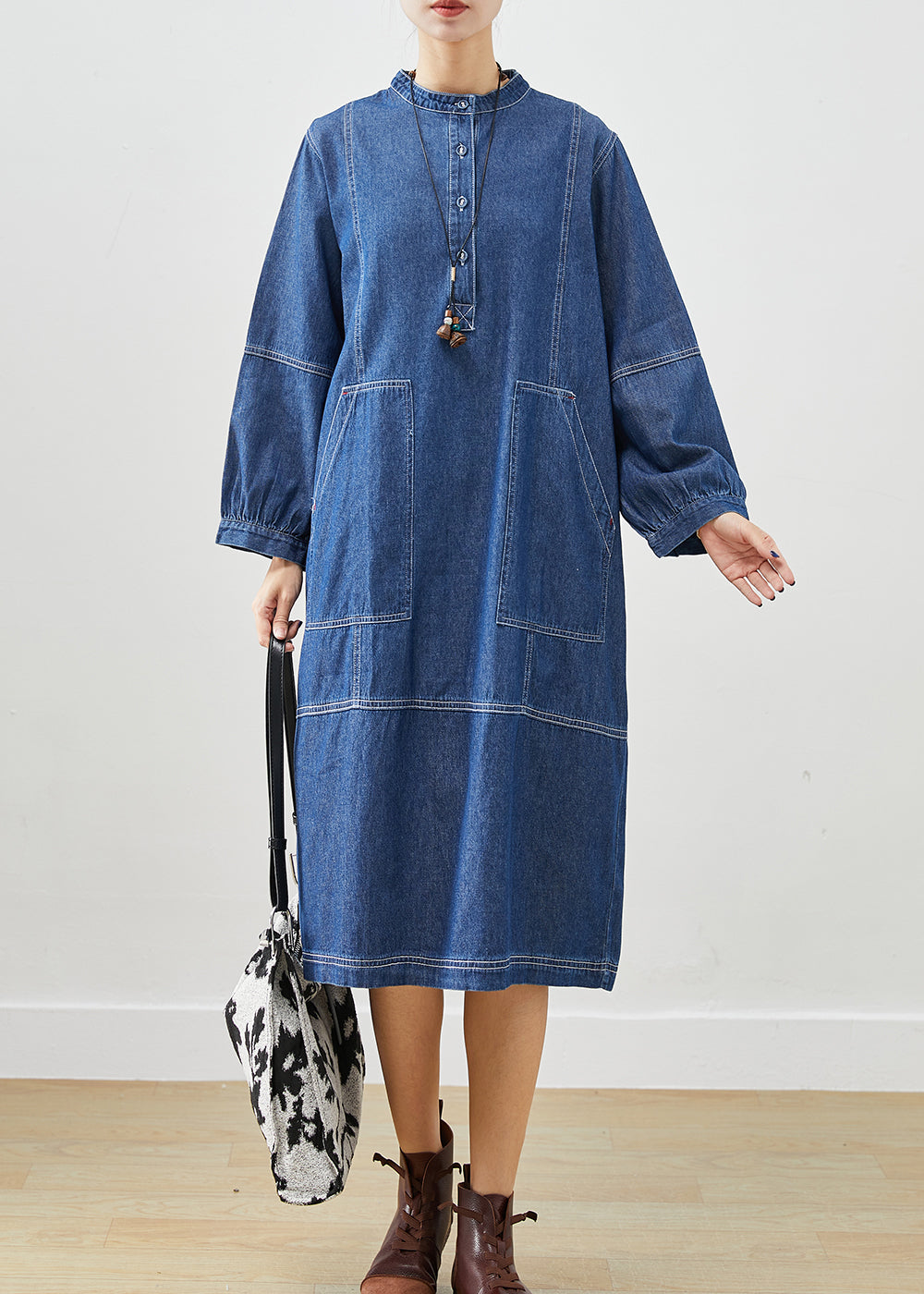 Dark Blue Oversized Patchwork Cotton Vacation Dresses Fall
