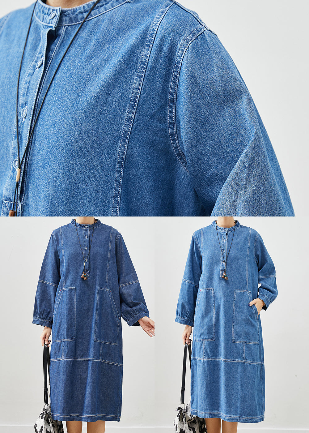 Dark Blue Oversized Patchwork Cotton Vacation Dresses Fall