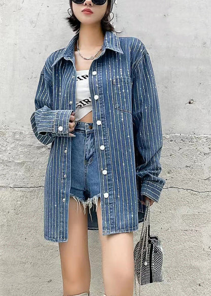 Dark Blue Peter Pan Collar Patchwork Denim Coats Fall