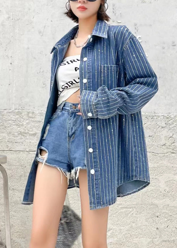 Dark Blue Peter Pan Collar Patchwork Denim Coats Fall
