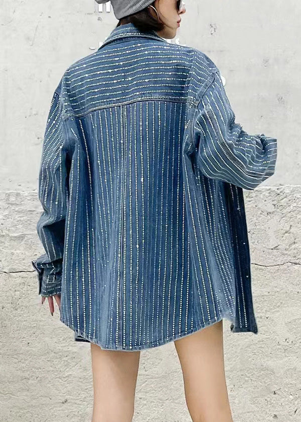 Dark Blue Peter Pan Collar Patchwork Denim Coats Fall