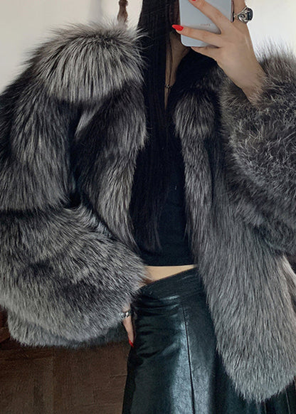 Dark Grey Peter Pan Collar Leather and Fur Coats Spring