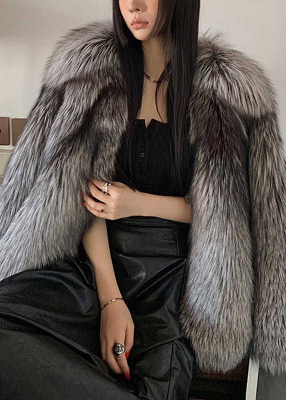 Dark Grey Peter Pan Collar Leather and Fur Coats Spring