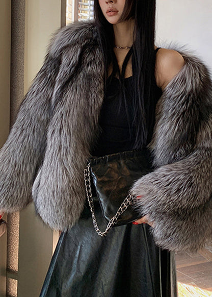 Dark Grey Peter Pan Collar Leather and Fur Coats Spring
