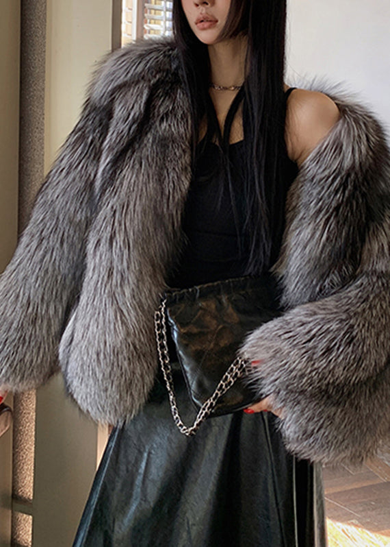 Dark Grey Peter Pan Collar Leather and Fur Coats Spring