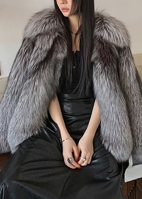 Dark Grey Peter Pan Collar Leather and Fur Coats Spring