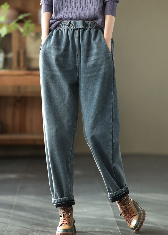 Denim Blue Elastic Waist Pockets Thick Warm Fleece Harem Pants Winter