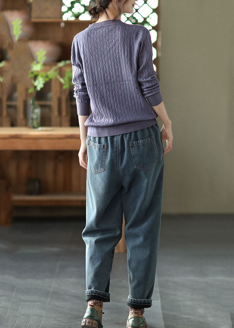 Denim Blue Elastic Waist Pockets Thick Warm Fleece Harem Pants Winter