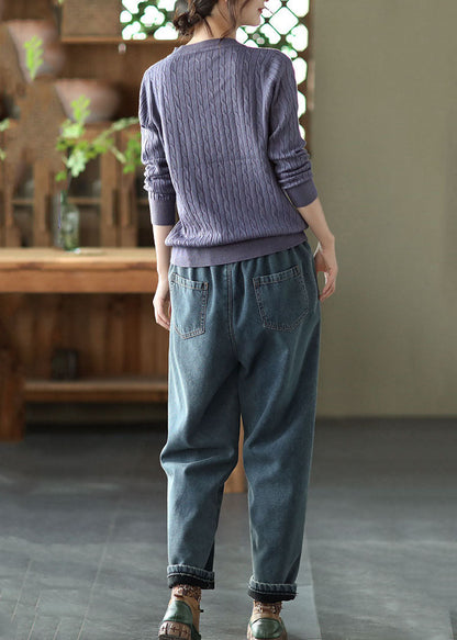 Denim Blue Elastic Waist Pockets Thick Warm Fleece Harem Pants Winter