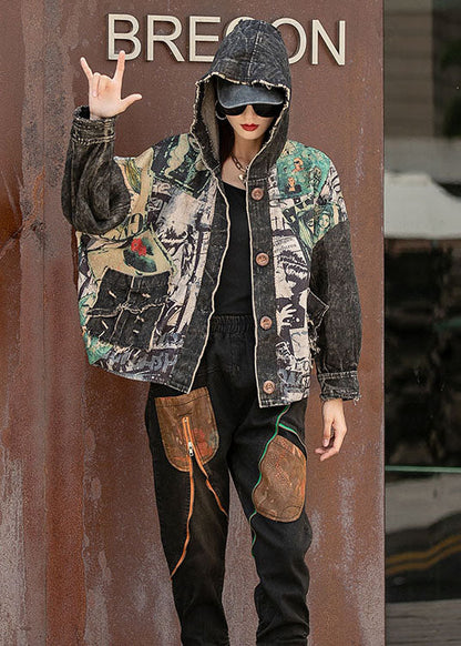 Denim Patchwork Knit Print Pockets Fall Jacket Long Sleeve