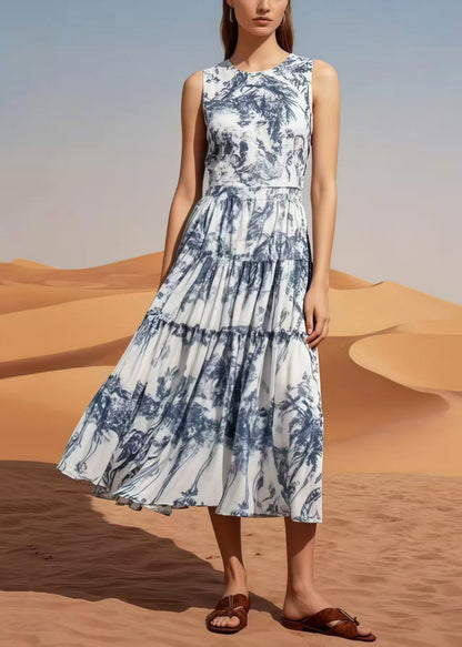 Exra Large Hem Print Chiffon Long Dress Sleeveless