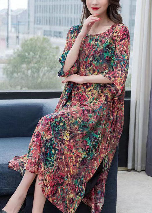 O Neck Print Side Open Patchwork Chiffon Dress Summer