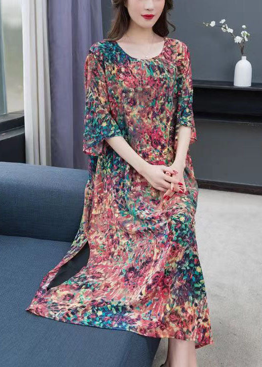 O Neck Print Side Open Patchwork Chiffon Dress Summer