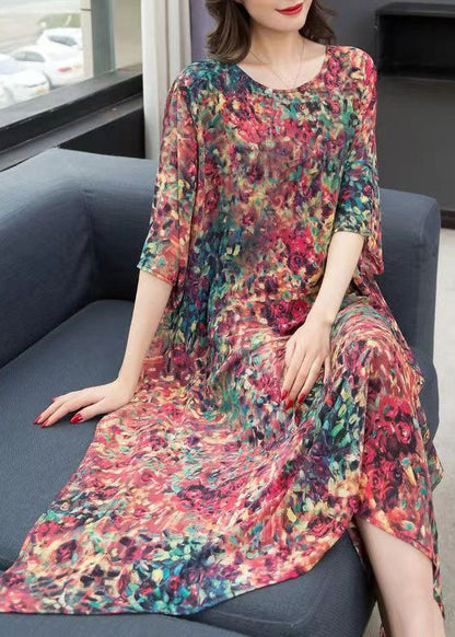 O Neck Print Side Open Patchwork Chiffon Dress Summer