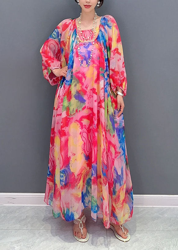 Wrinkled Lace Up Patchwork Chiffon Long Dress Summer