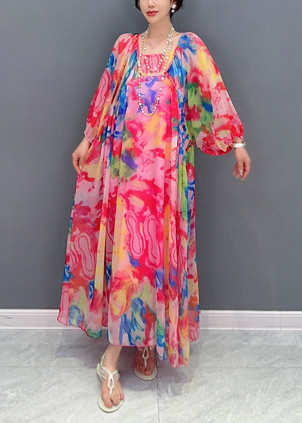 Wrinkled Lace Up Patchwork Chiffon Long Dress Summer