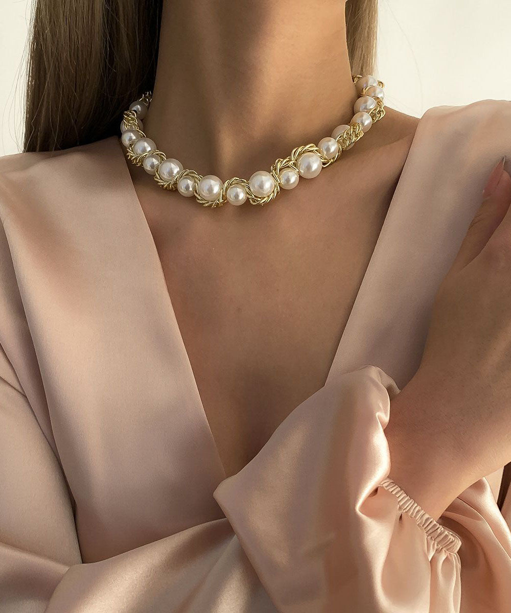 Bead Gold Copper Gratuated Pearl Alloy Necklace