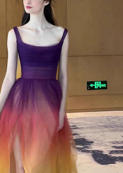 Gradient Color Side Open Tulle Spaghetti Strap Dress Sleeveless