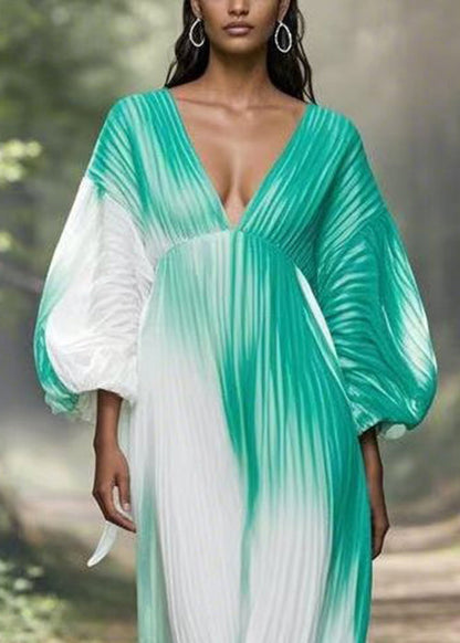 Gradient Color V Neck Wrinkled Chiffon Long Dress Spring