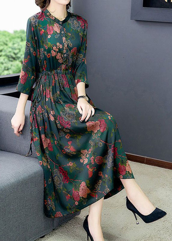 Green Cinched Print Silk Dresses Bracelet Sleeve