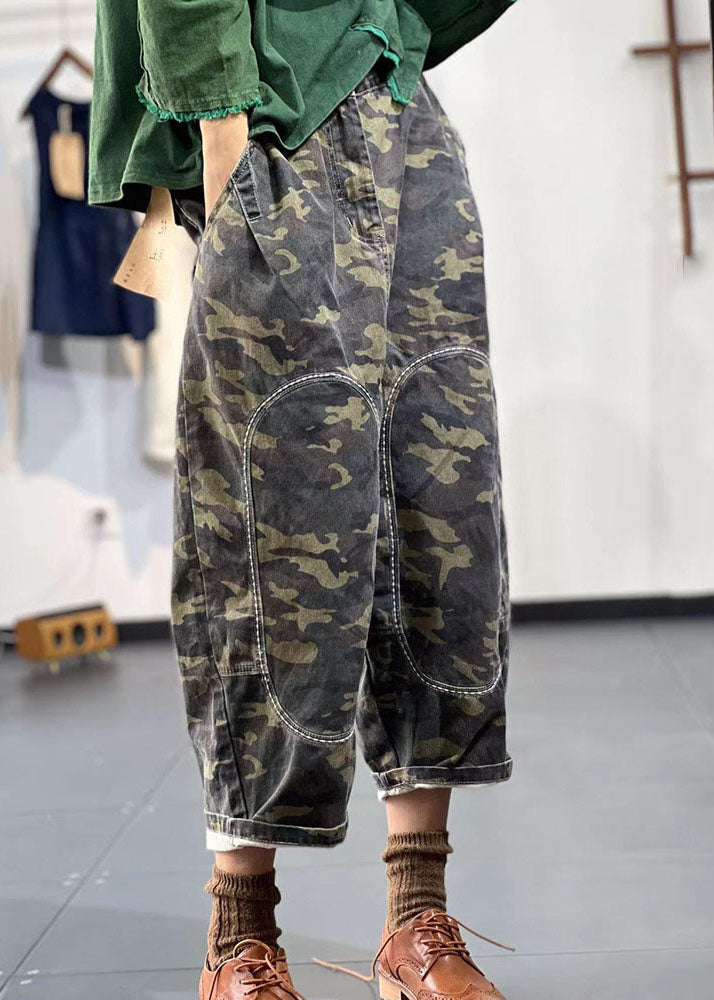 Green Elastic Waist Embroideried Camouflage Cotton Harem Pants Fall