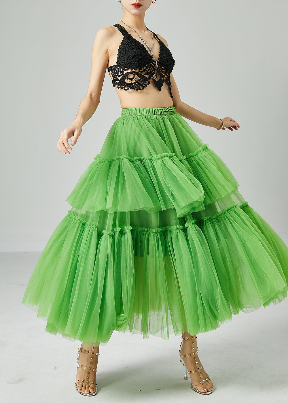 Green Elastic Waist Patchwork Wrinkled Tulle Skirts Summer