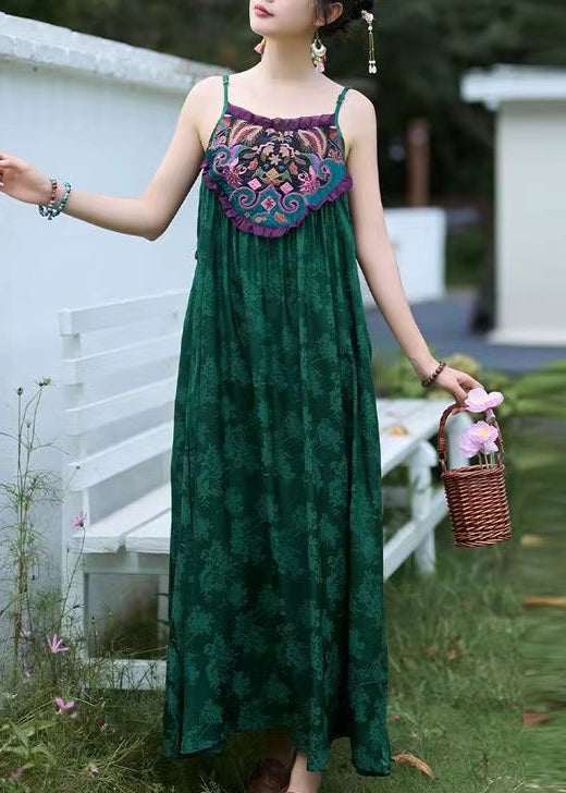 Green Embroidered Jacquard Silk Spaghetti Strap Dress Sleeveless