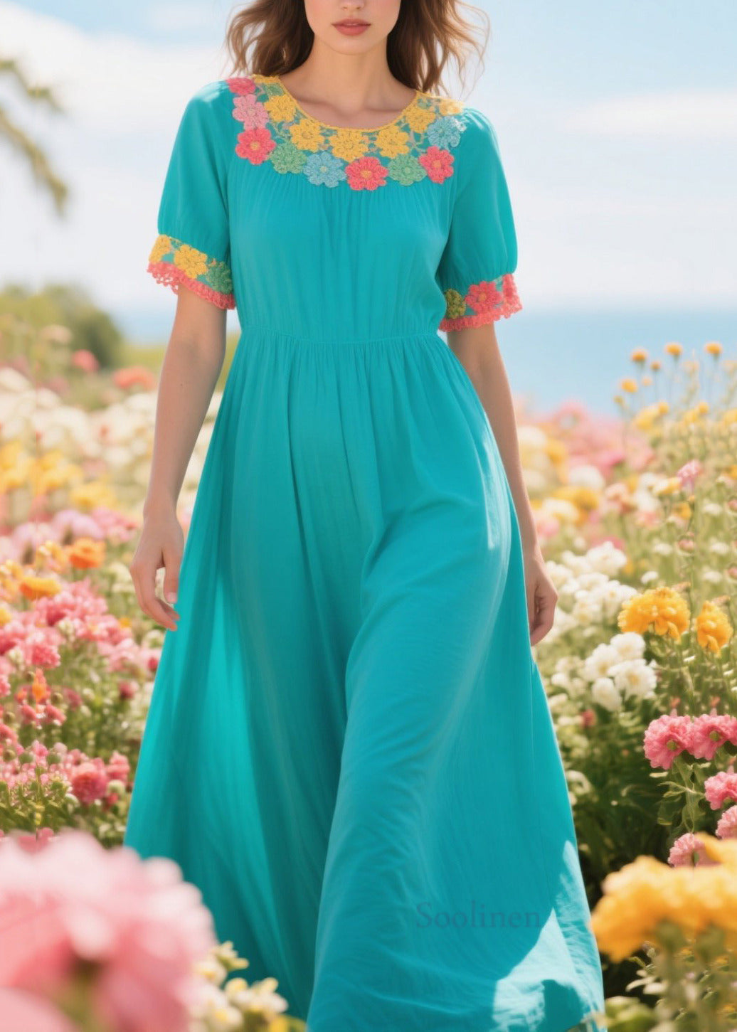 Green Exra Large Hem Patchwork Lace Dresses Summer