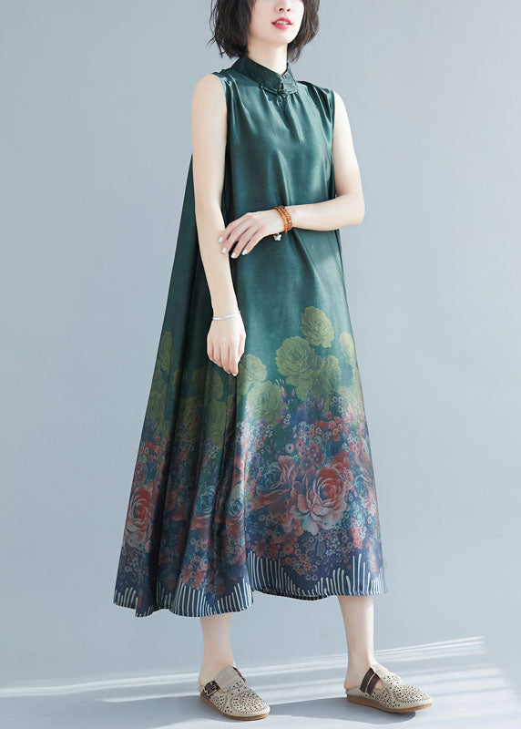 Green Mandarin Collar Print Silk Long Dresses Sleeveless