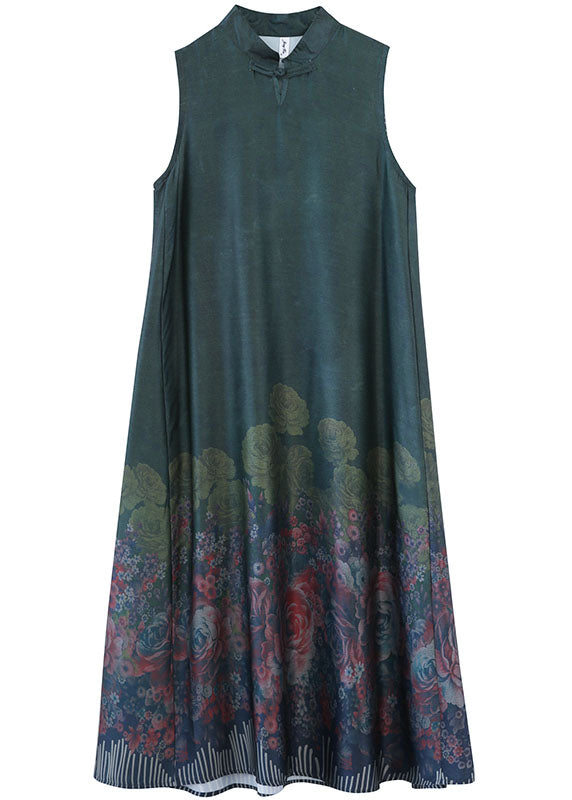 Green Mandarin Collar Print Silk Long Dresses Sleeveless